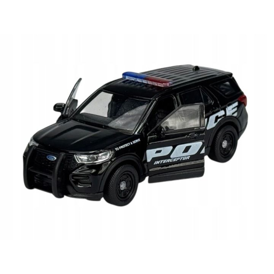 Metalowy Ford Explorer Police 2023 Welly – widok z przodu z otwartymi drzwiami.